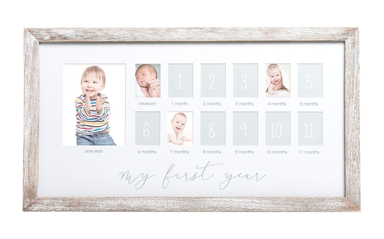 Pearhead My First Year Milestone Picture Frame, 0-12 Months Baby Photos, Baby Girl or Baby Boy Nursery Decor, Gender-Neutral Newborn Baby Gift, 13 Photo Inserts, Distressed Wood